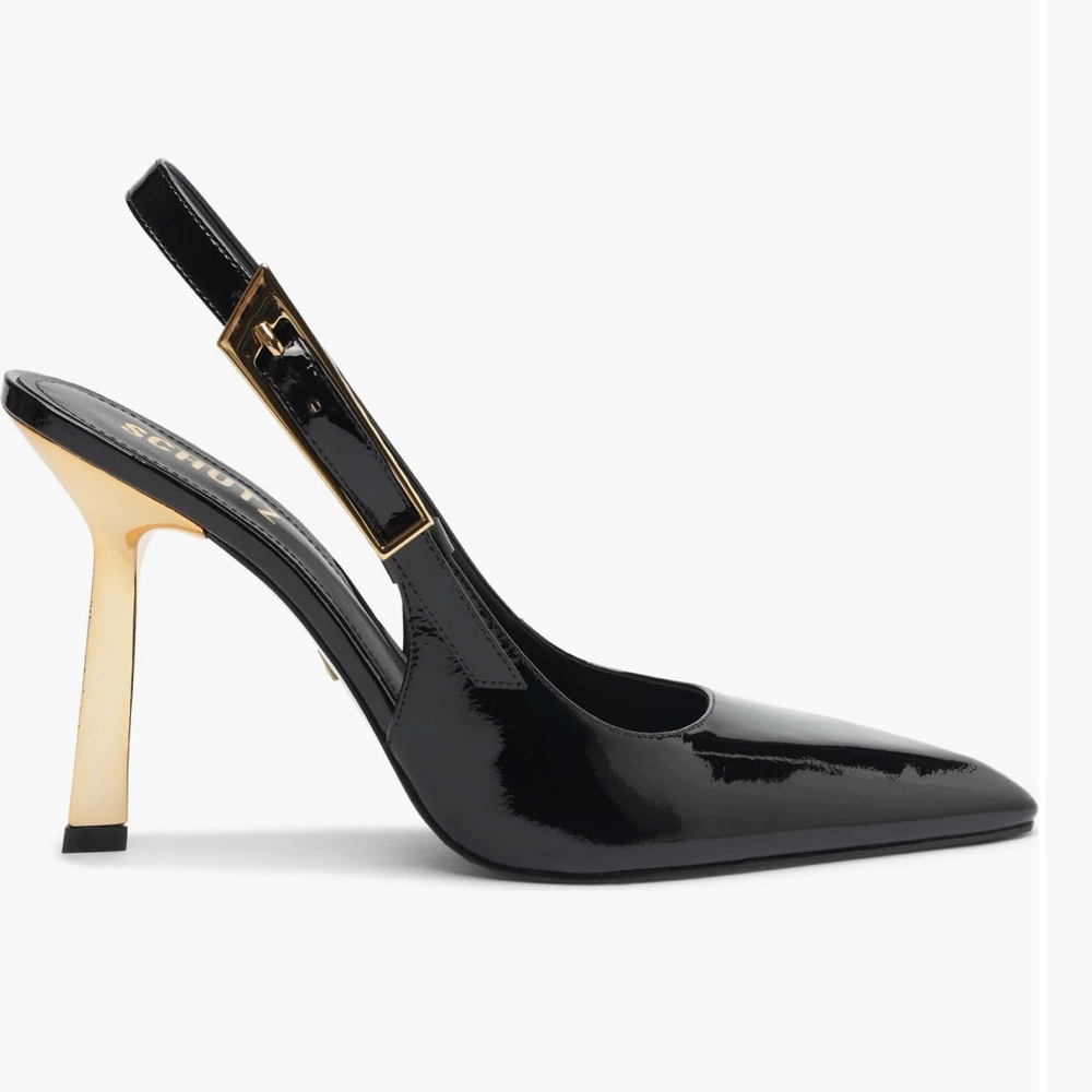 SCHUTZ Black and Gold Slingback Heels